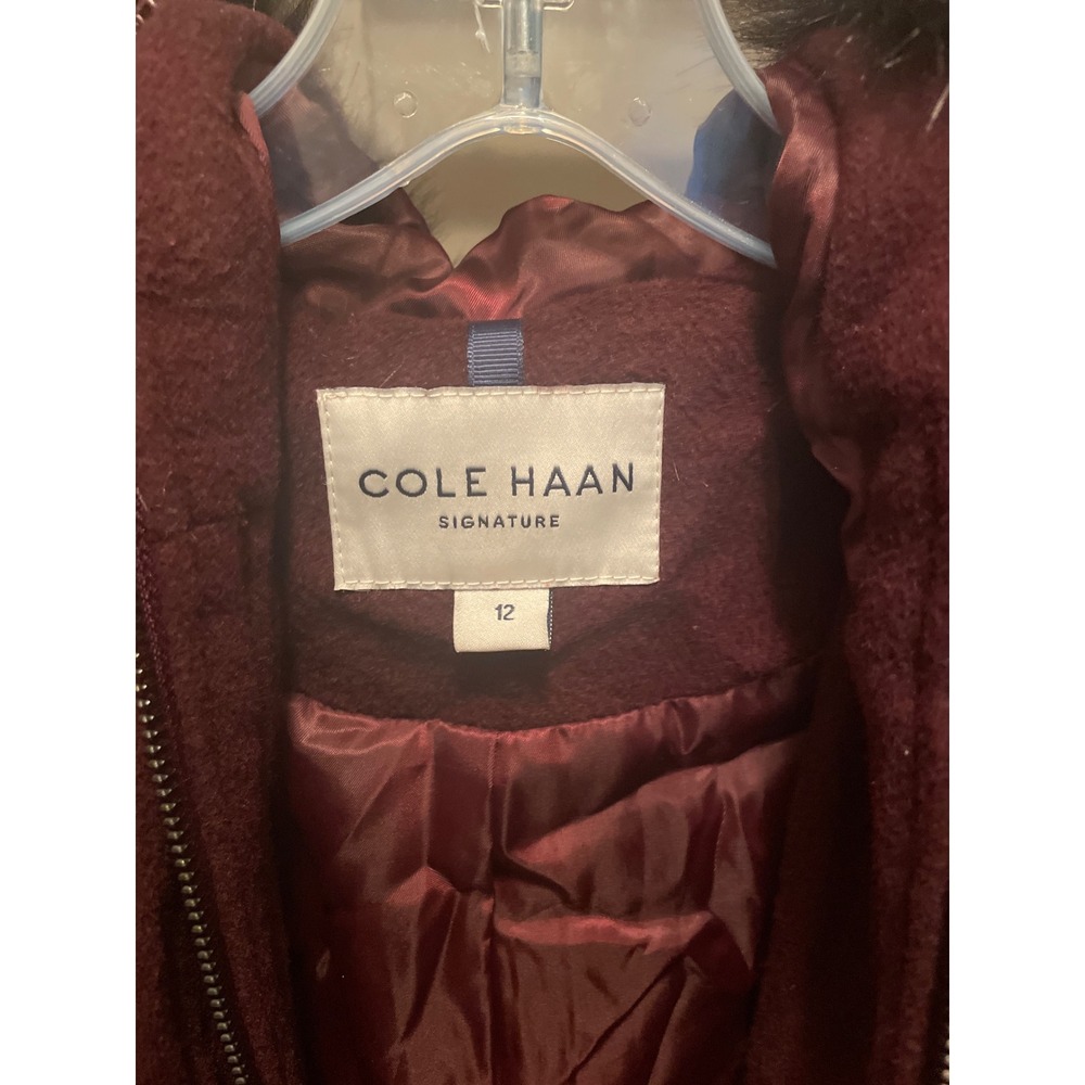 Cole Haan Signature Womens Burgundy Wool Blend Faux Fur Hooded Coat Size 12 - Picture 3 of 5